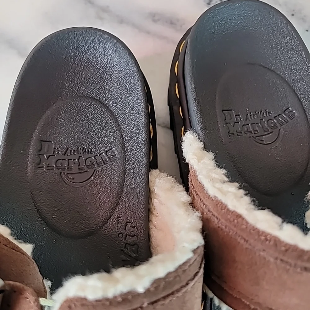 Dr. Martens Myles Fur Lined Buckle Slide Sandals Dark Brown Suede Men’s 9